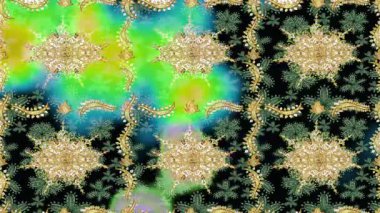 Renkli unsurlarla hareketli arka plan görüntüleri. Çiçekler. Eski model. Bayrak tarzı. Altın, altın. Video kaydı. Şablon.