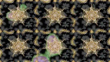 Renkli unsurlarla hareketli arka plan görüntüleri. Çiçekler. Eski model. Bayrak tarzı. Altın, altın. Video kaydı. Şablon.