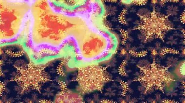 Renkli unsurlarla hareketli arka plan görüntüleri. Çiçekler. Eski model. Bayrak tarzı. Altın, altın. Video kaydı. Şablon.