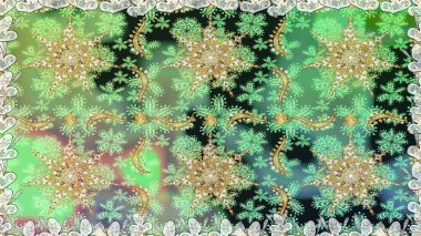 Yeşil renklerde ve altın elementlerle kusursuz klasik desen. Yeşil renkler ve altın elementler üzerinde altın pürüzsüz desen. Noel, kar tanesi, yeni yıl.