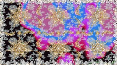 Çiçekli süslemeli, pürüzsüz bir desen. Doğu tarzında klasik tasarım öğesi. Tarafsız renkler üzerine geleneksel Arapça dekor. Duvar kâğıdı için altın süslü bir illüstrasyon. Süslü dantel iz sürücü.