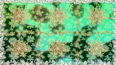 Yeşil renkte altın bir element. Altın çiçekli, pürüzsüz desen. Damask arkaplanı. Barok tarzında altın çiçekli süs..