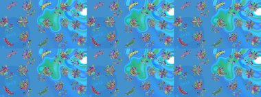 Mavi, yeşil ve mor papatyalardan oluşan mavi, yeşil ve mor renkli bir desen. Raster illüstrasyonu. Mavi, yeşil ve mor renklerde.