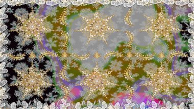 Damask arkaplanı. Gri renklerdeki altın element. Altın çiçekli, pürüzsüz desen. Barok tarzında altın çiçekli süs..