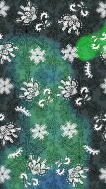 Soyut etnik raster çizim kalıbı. Arkaplan dokusu, duvar kağıdı, yeşil renkli çiçek teması. Kabile sanatı boho baskısı, klasik çiçek arkaplanı.