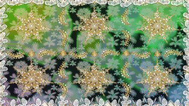 Arkaplan, kumaş, altın duvar kağıdı. Altın elementlerle yeşil renklerde altın desen. Düz elle çizilmiş klasik koleksiyon. Raster altın pürüzsüz desen.