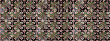 Kusursuz desenli, parlak çiçekli halı siyah renkli bitkiler..