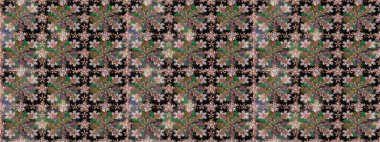 Kusursuz desenli, parlak çiçekli halı siyah renkli bitkiler..