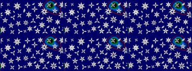 Küçük mavi çiçekli oldukça eski bir besin torbası deseni. Millefleur 'lar. Tekstil, kumaş, kapaklar, duvar kağıtları, baskı, paket, koleksiyon defteri, örgü, dekupaj için çiçek arkaplanı..