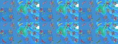 Mavi, yeşil ve mor papatyalardan oluşan mavi, yeşil ve mor renkli bir desen. Raster illüstrasyonu. Mavi, yeşil ve mor renklerde.