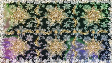 Çiçek süsü kumaş deseni, cam, çiçek desenli metal gri renkli ve altın elementli. Klasik raster altın pürüzsüz desen.