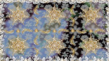 Davetiyeler, kartlar, web sayfası için Raster illüstrasyon. Çizgi sanatı tasarım şablonu için kusursuz sınır. Altın desenli çiçek dekoru. Doğu tarzı element. Gri renklerdeki altın element.