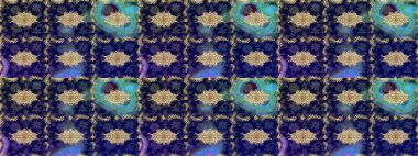 Davetiyeler, kartlar, web sayfası için Raster illüstrasyon. Mavi renklerdeki altın element. Altın desenli çiçek dekoru. Tasarım şablonu için çizgi çizimi sınırı. Doğu tarzı ögesi.