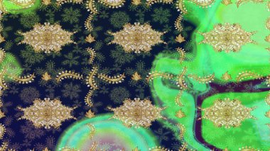 Klasik Raster altın desenini çiz. Raster illüstrasyonu. Geleneksel oryantasyon süsü. Klasik klasik klasik arka plan. Yeşil renkler ve altın elementler üzerine çizim deseni.