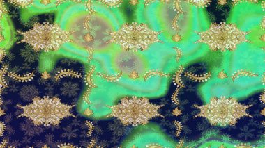Süslü dekorasyon. Altın elementli yeşil renkli altın desen. Lüks, kraliyet ve Viktorya dönemi konsepti. Raster klasik barok çiçek desenli altın rengi..