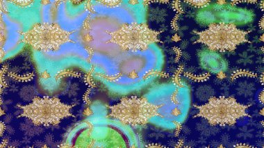 Raster Golden eskiz kalıbı. Altın elementlerle mavi renklerde altın desen. Düz elle çizilmiş klasik koleksiyon. Arkaplan, kumaş, altın duvar kağıdı.