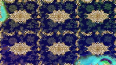 Altın şablonu çiz. Raster oryantal süs. Mavi renkler ve altın elementlerle çizim deseni.