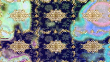 Düz elle çizilmiş klasik koleksiyon. Altın elementlerle mavi renklerde altın desen. Arkaplan, kumaş, altın duvar kağıdı. Raster altın eskiz deseni.