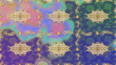 Raster eskiz deseni, altın antika ortaçağ dekoratifi, yapraklar ve mor renkli altın desenli süslemeler. Kraliyet lüksü, altın barok kumaş rengi..