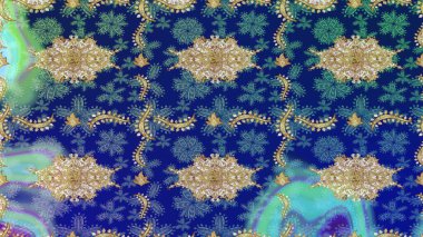 Raster illüstrasyonu. Altın elementli mavi renkte klasik eskiz deseni.