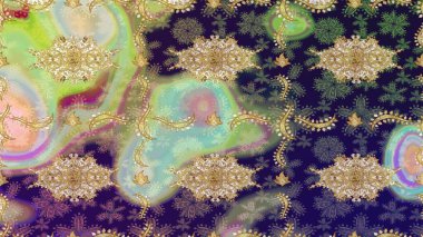 Raster eskiz deseni altın antika ortaçağ dekoratifi yapraklar ve altın desenli süslemeler ile tarafsız renklerde. Kraliyet lüksü, altın barok kumaş rengi..