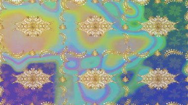 Mavi renkte çizim deseni. Raster Golden eskiz kalıbı. Çizim altın desenli bukleler. Doğu tarzında altın elementler arabesk.