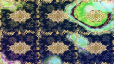 Altın çiçekli eskiz deseni. Mavi renkte altın bir element. Barok tarzında altın çiçekli süs. Damask arkaplanı.