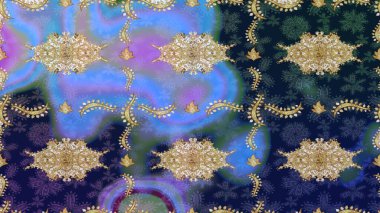 Şık bir grafik desen. Duvar kâğıdı barok, İspanyol kumaşı. Çiçek deseni. Skeç raster arka planı. Mavi renklerdeki altın elementler.