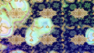 Geleneksel altın sarısı desenli mavi renkli ve altın elementli. Barok tarzında eskiz doğulu süsü..