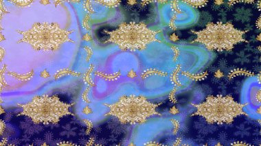 Mavi renkler ve altın elementler üzerine çizim. Klasik Raster altın desenini çiz. Geleneksel oryantasyon süsü. Klasik vintage arkaplan.