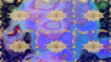 Mor renkli ve altın elementli desen. Altın kaplamalı mor fon. Eskiz öğesi ahşap oyma. Patina. Küçük bir alan derinliği. Klasik mobilya tarzı. Oyma. Lüks mobilyalar..