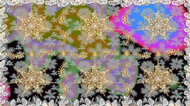 Kusursuz desenli oryantal süs. Raster altın tekstil baskısı. Çiçek kiremitleri. Gri renkli ve altın elementli altın desenli. İslam tasarımı.