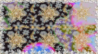 Gri renkler ve altın elementler üzerinde altın pürüzsüz desen. Kusursuz damaske klasik altın desen. Raster illüstrasyonu. Tekrarlayan ögelerle soyut arkaplan Raster.