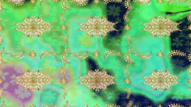 Raster altın desen. Altın elementli yeşil renkler. Raster illüstrasyonu. Doğu tarzı arabesk. Altın desenli bukleler çiz.