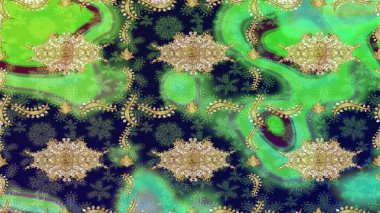 Yeşil renkler ve altın elementler üzerine çizim. Hassas altın deseni açın. Altın desenli bukleler çiz. Doğu tarzı arabesk. Parlak dantel, stilize çiçekler, şal desenli. Raster sanatı.