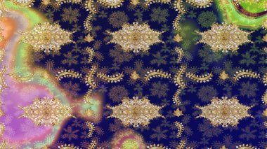 Raster illüstrasyonu. Çizim altın desenli bukleler. Doğu tarzı arabesk. Raster altın desen. Altın elementli mavi renkler.