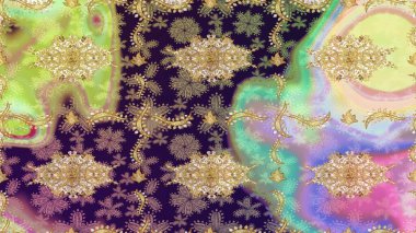 Geleneksel raster ve altın desen. Damask eskiz süsü. Nötr renkler üzerinde klasik oryantal desen.