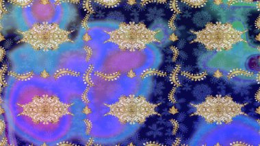 Parlak dantel, stilize çiçekler, şal desenli. Altın desenli bukleler çiz. Mavi renkler ve altın elementler üzerine çizim. Hassas altın deseni açın. Raster. Doğu tarzı arabesk.