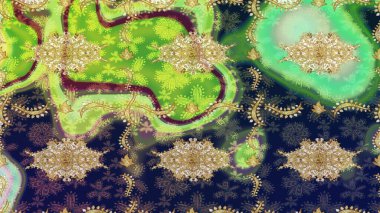 Soyut bir arkaplan çiz. Oriental raster klasik yeşil ve altın desenli. Raster illüstrasyonu.