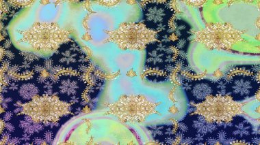 El yapımı dekoratif çerçeve, albüm kapağı, tebrik kartı, klasik Art deco tarzı. Raster soyut çiçek çelengi altın karalama fantezi yaprakları ve mavi renkli çiçek.