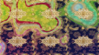 Klasik Raster Golden eskiz kalıbı. Çiçek süsü kumaş deseni, cam, çiçek desenli altın elementli gri renkli metal..