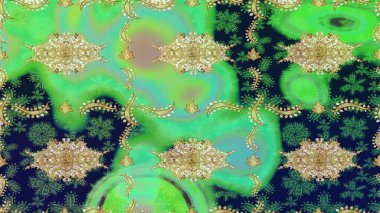 Damask çizimi tekrarlanıyor. Doku arka planında altın duvar kâğıdı. Barok tarzında altın çiçekli süs. Yeşil renkte altın element.