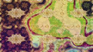 Klasik altın desenli çizim. Raster geleneksel oryantasyon süsü. Altın elementlerle nötr renklerde altın desen.