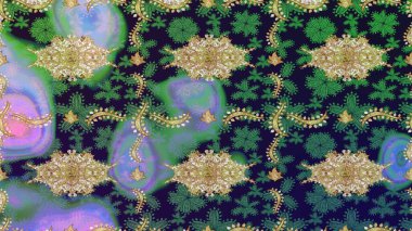 Damask çizim kalıbı arka planı tekrarlıyor. Antika altın tekrarlanabilir duvar kağıdı. Barok tarzında altın çiçek süsü. Gri renklerdeki altın element.