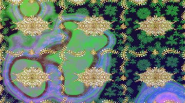 Raster altın tekstil baskısı. Çiçek kiremitleri. İslam tasarımı. Eskiz desenli oryantal süs. Altın elementlerle yeşil renklerde altın desen.