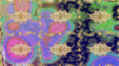 Süslü dekorasyon. Raster illüstrasyonu. Damask altın soyut çiçek deseni Mor renkler üzerine çizim.