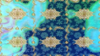 Altın elementlerle mavi renklerde altın desen. Raster klasik barok çiçek deseni altın rengi. Süslü dekorasyon. Lüks, kraliyet ve Viktorya dönemi konsepti.