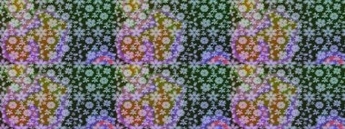 Çok renkli, zarif küçük çiçekler ve gri renkli komik böcekler, raster desen, illüstrasyon.