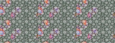 Üzerinde gelincikler ve vadi zambakları olan renkli çiçek desenli nakış deseni. Tekstil tasarımı için yeşil renkli geleneksel halk çiçekleri buketi.