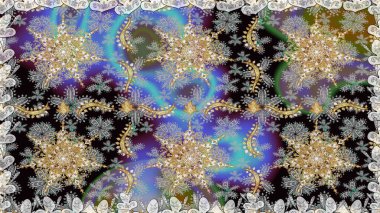 Altın rengi, kusursuz çizim. Raster geometrik arka plan. Senin tasarımın için, duvar kağıdı. Gri renklerde, altın çiçekli altın desenler..